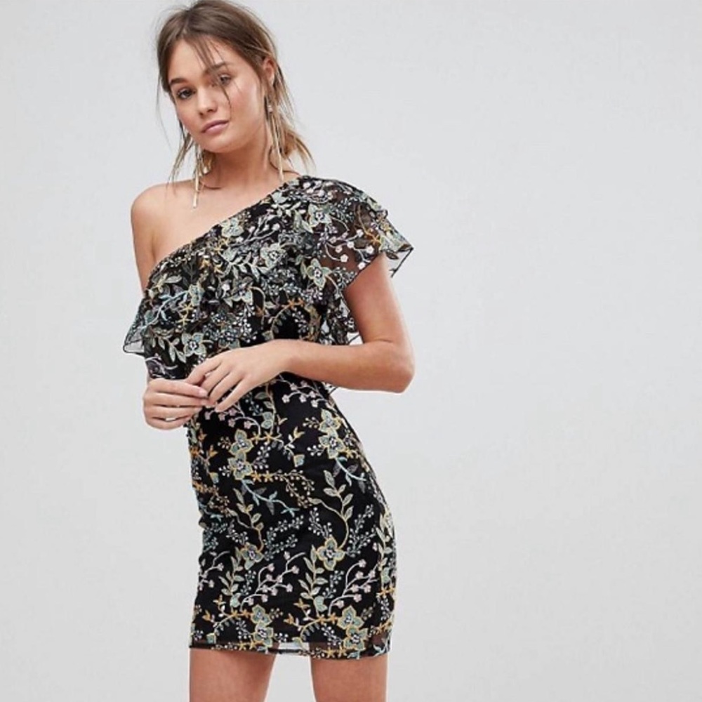 ASOS Dolly and Delicious Black Floral One-Shoulder Dress 8